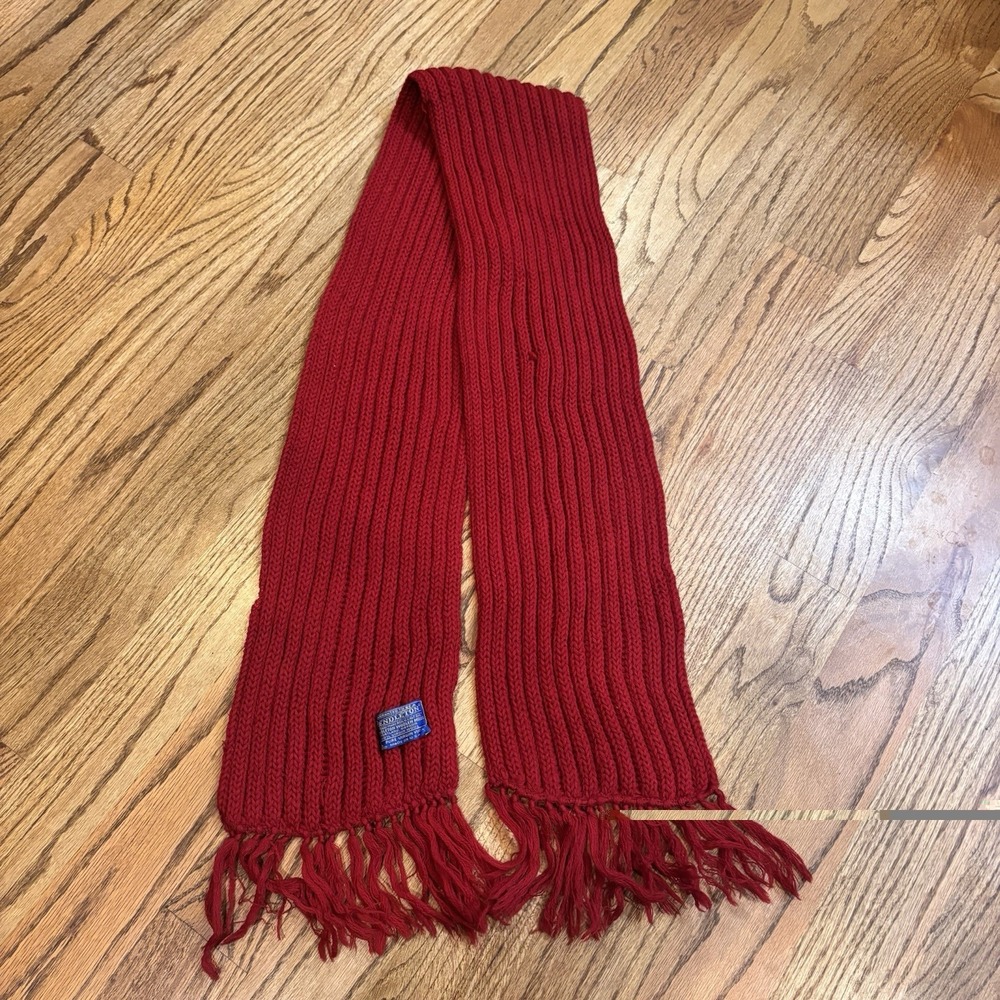 VTG Pendleton Red Rib Knit Wool Scarf Fringe 100% Virgin Wool Made in USA